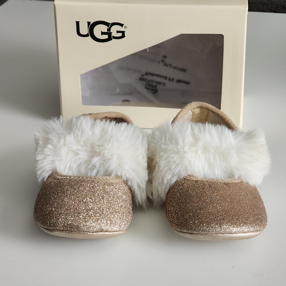 UGG Baby Gold Glitter Ballet Flats With White Fluff Size 4/5 - Picture 3 of 11
